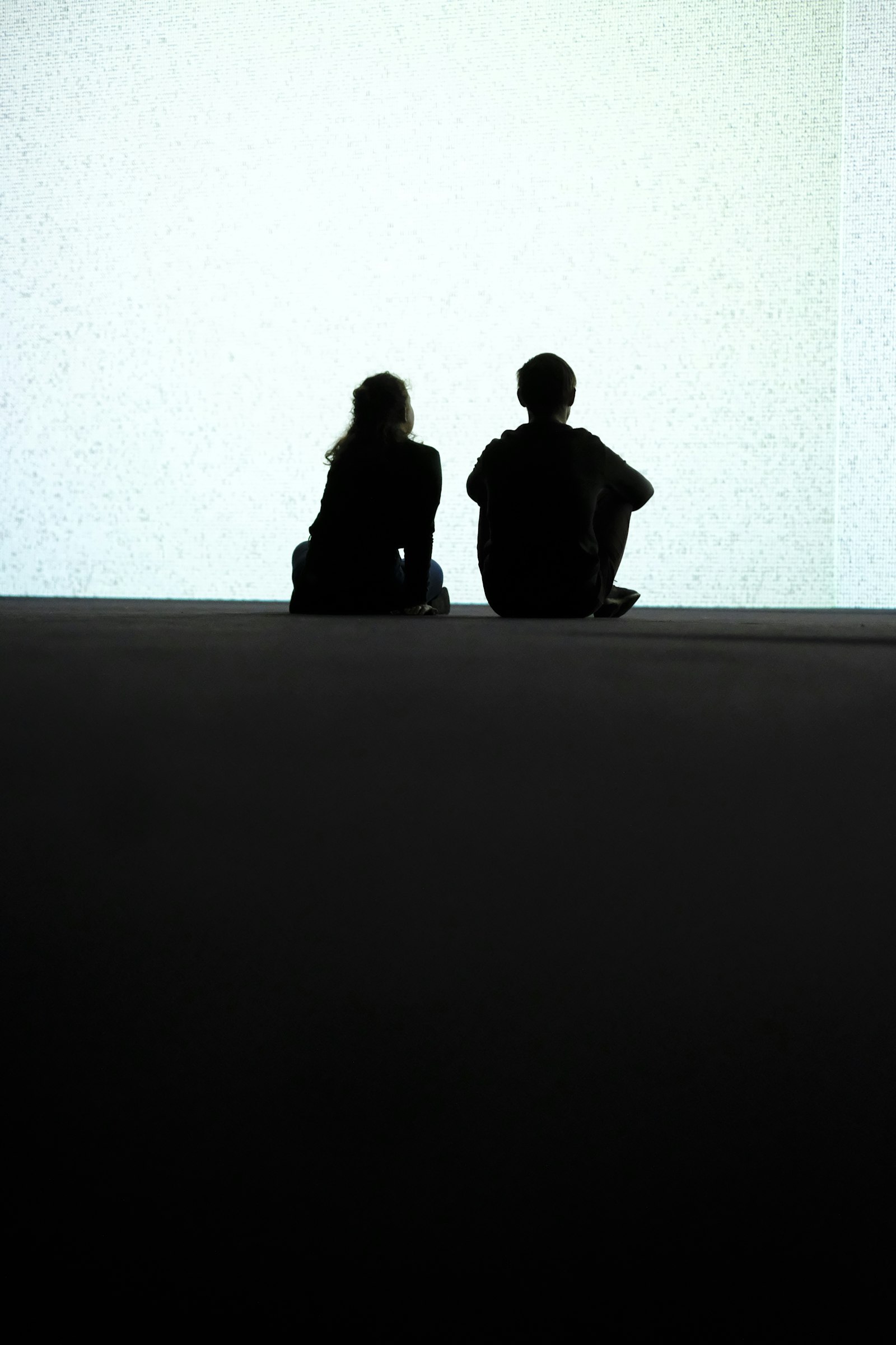 Two people silhouetted in front of a large glowing screen in a darkened room.